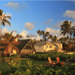 A well-groomed backyard in Hawaii at sunset. Three residences and palm trees are seen in background. ATTYX Roofing