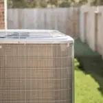 Central air conditioning unit in a nice-looking side yard. Brick column and wooden fence seen in the background. ATTYX HVAC