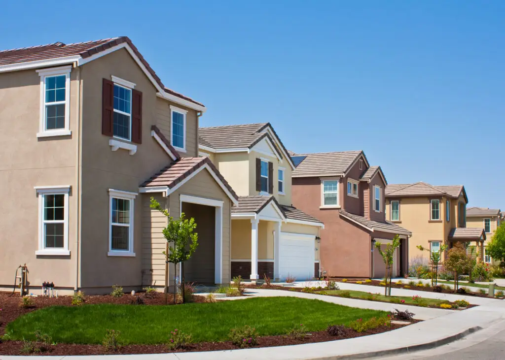 A row of new tract houses in a residential subdivision in Morgan Hill, California.