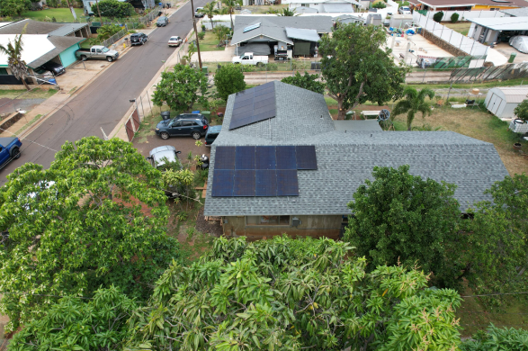 Ariel view of solar panels on a home.